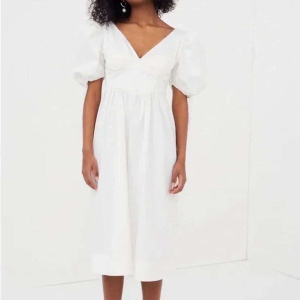 For Love And Lemons - Jocelyn Dress / White Midi Dress with Puff Sleeves